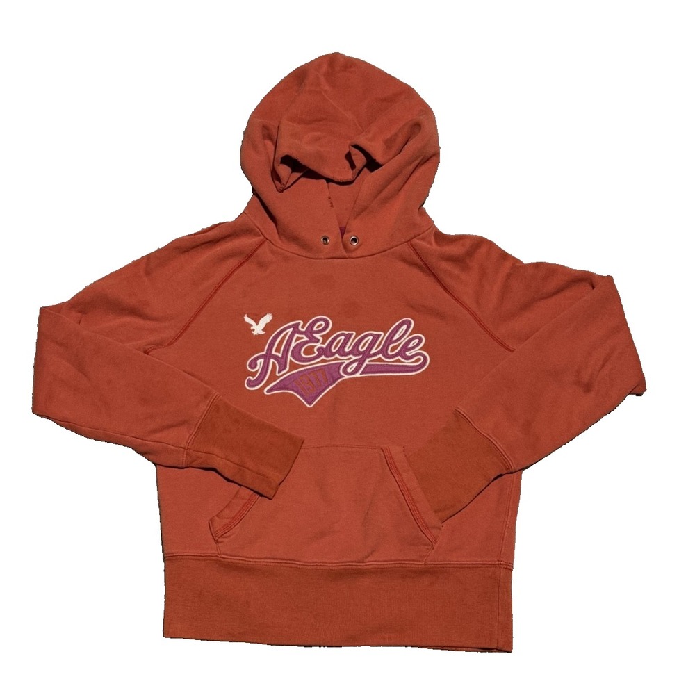 Y2K American Eagle Women's Orange Distressed Pullover Logo Hoodie Size‎ S